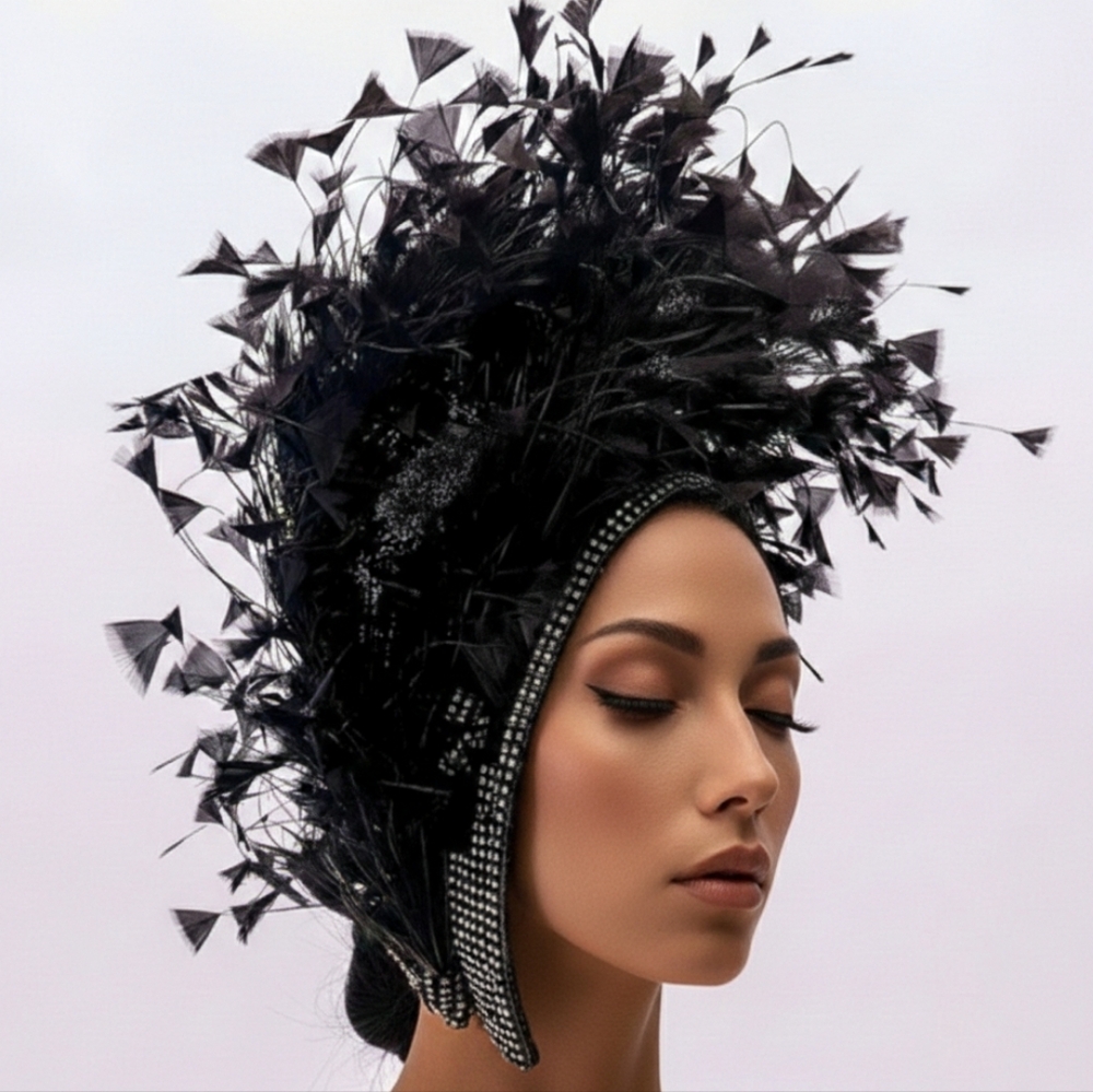 Beloved Millinery Fabulous Black Jeweled Feathered Fascinator Hat Kentucky Derby